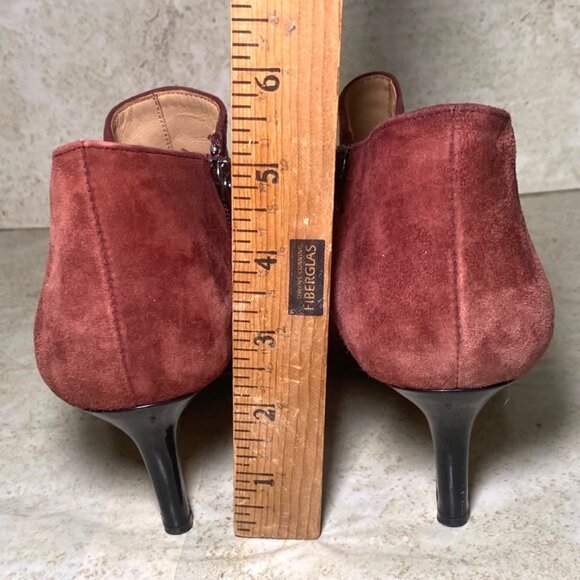 Burgundy Suede Pointed Toe Booties Black Patent Leather Tips Heels Office Casual - Picture 4 of 10